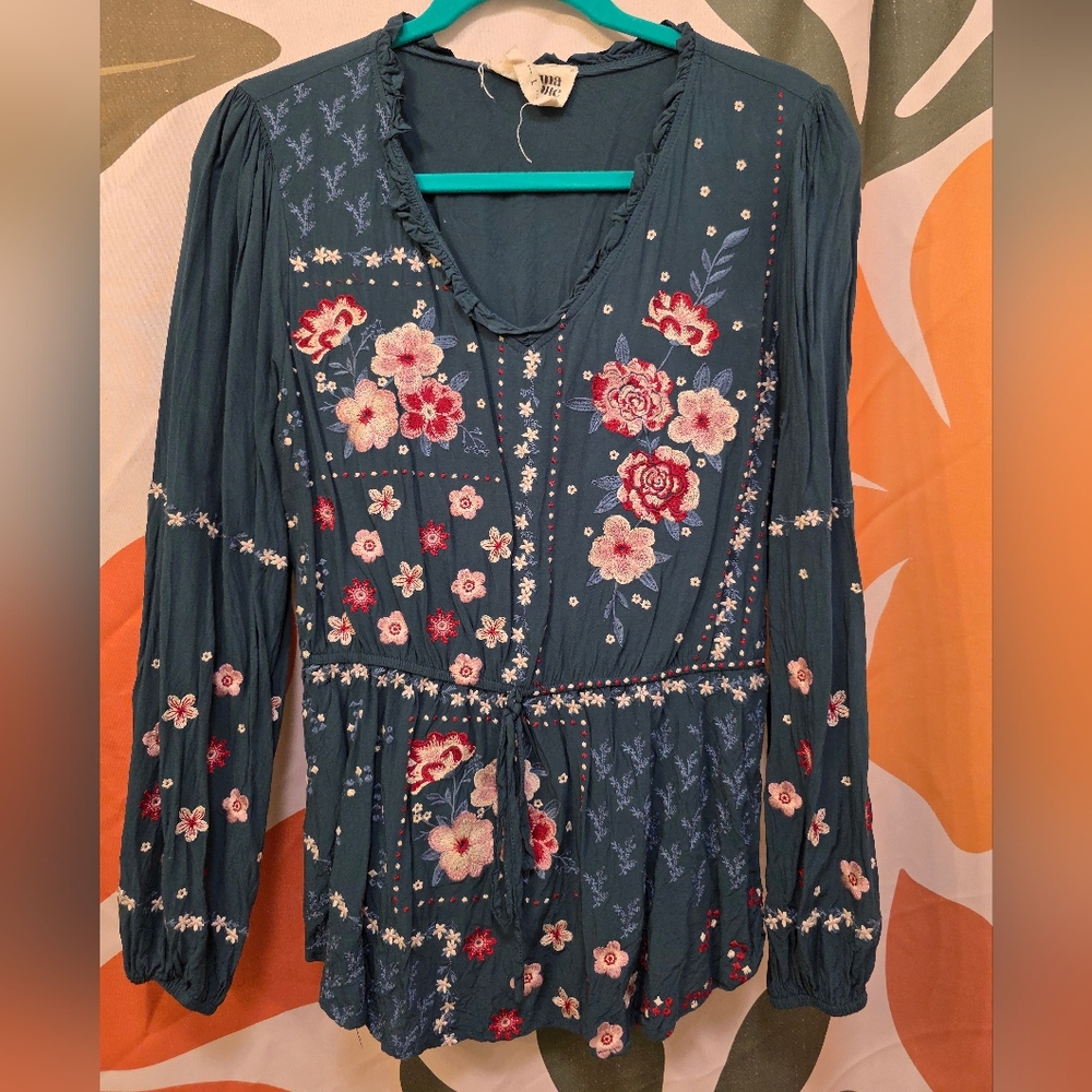 Savanna Jane Teal Floral Embroidered Blouse